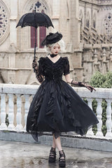 Black V-Neck Lace Cla Daily Short Puff Sleeves Gothic Lolita Dress - Product - 6