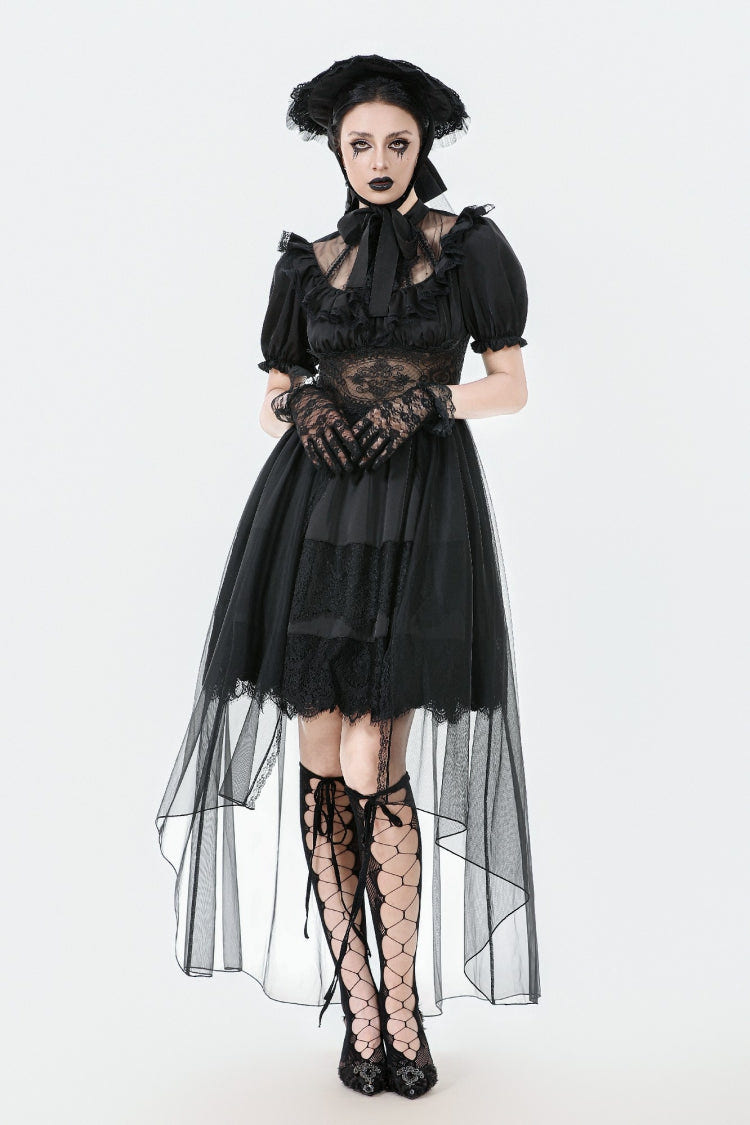 Black Short Puff Sleeves High/low Multi-Layered Women's Gothic Chiffon Dress Wedding Dress - Black - 1