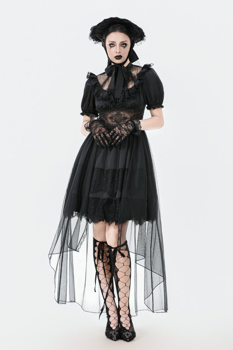 Black Short Puff Sleeves High/low Multi-Layered Women's Gothic Chiffon Dress Wedding Dress - Black - 1
