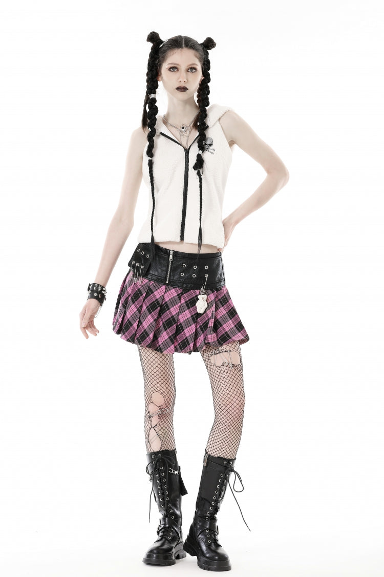 Black/Pink Women's Punk Grunge Zippered Faux Leather Spliced Plaid Pleated Mini Skirt - Product - 6