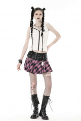 Black/Pink Women's Punk Grunge Zippered Faux Leather Spliced Plaid Pleated Mini Skirt - Product - 6