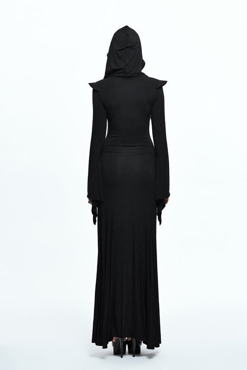 Black Sexy Stretchy Hooded Knitted Flared Sleeves Fishtail Womens Gothic Dress - Product - 4