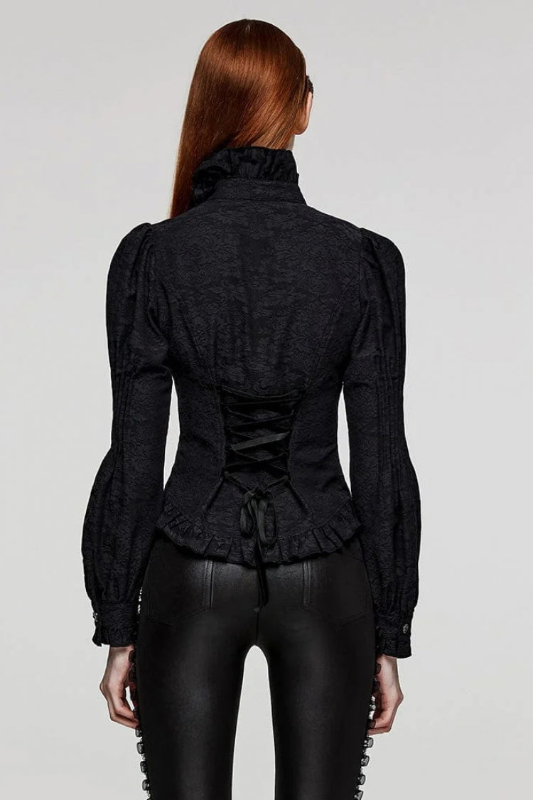 Black Stand Collar Long Puff Sleeves Ruffle Womens Gothic Blouse - Product - 3