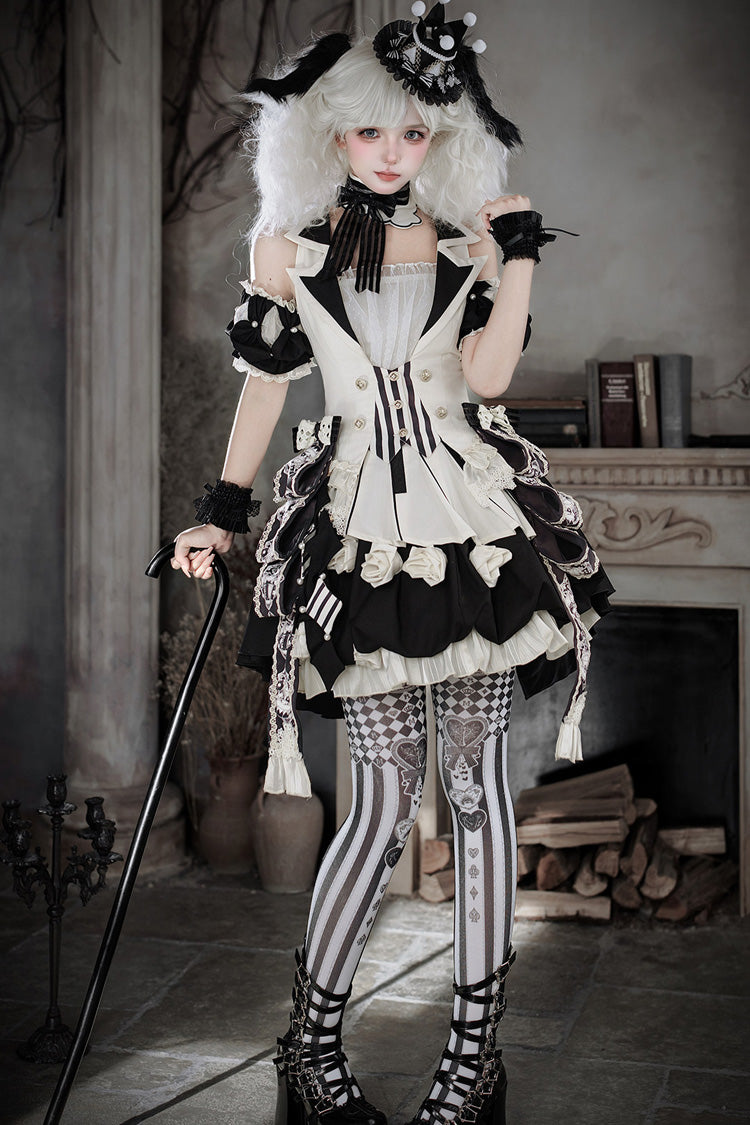 Black/White [Candy Cane] Sleeveless Printed Ruffled Bow Gothic Lolita Skirt Full Set - Product - 9