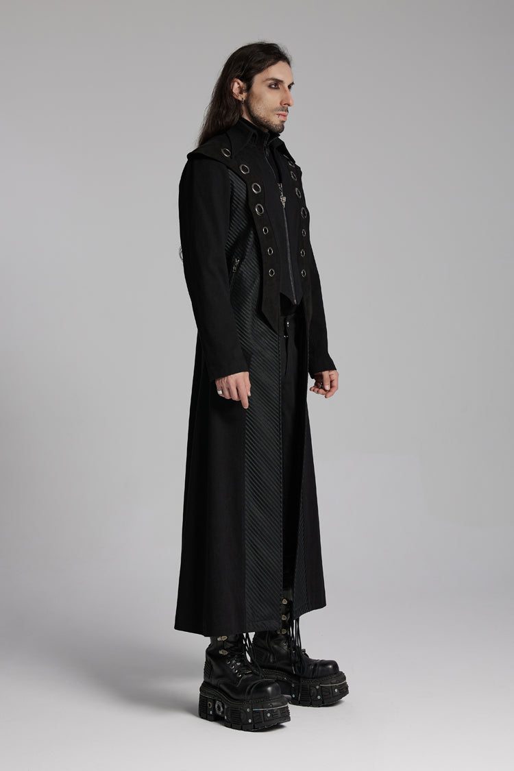 Black Metal Ring Zipper Long Sleeves Men's Punk Long Jacket - Product - 2