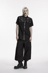 Black Lapel Collar Short Sleeves Spliced Men's Punk Shirt - Black - 1