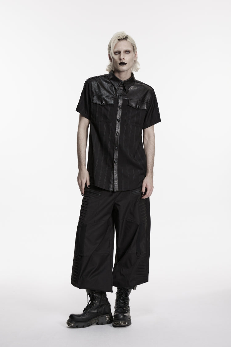 Black Lapel Collar Short Sleeves Spliced Men's Punk Shirt - Black - 1