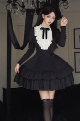 Black [Miss Weir] Stand Collar Long Sleeves Double-Layered Ruffle Gothic Lolita Dress - Product - 6
