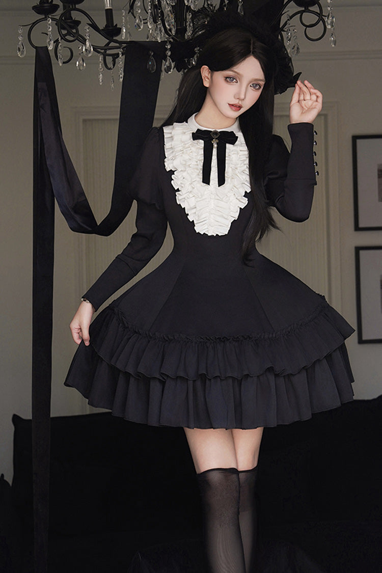 Black [Miss Weir] Stand Collar Long Sleeves Double-Layered Ruffle Gothic Lolita Dress - Product - 6