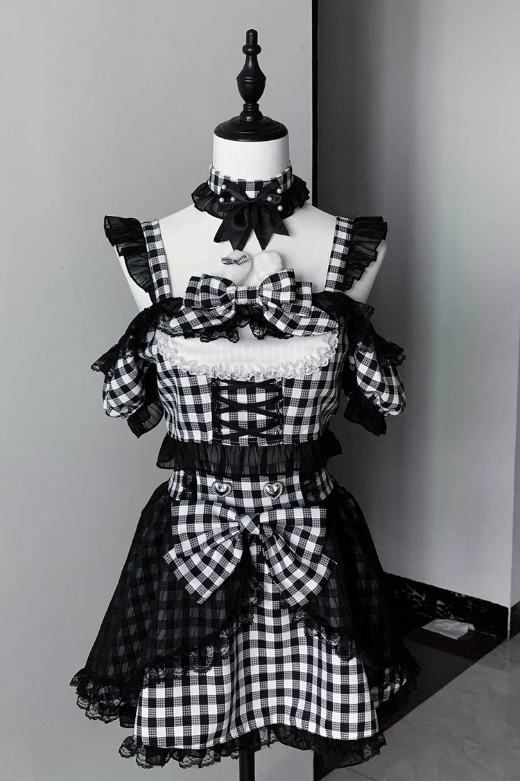 [Night Rabbit Dream] Short Sleeves Plaid Printed Ruffled Open-Front Bow Lace-Up Sweet Jirai Kei Japanese Skirt Set - Product - 4