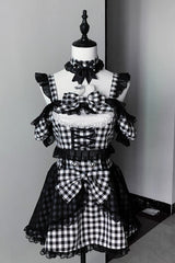 [Night Rabbit Dream] Short Sleeves Plaid Printed Ruffled Open-Front Bow Lace-Up Sweet Jirai Kei Japanese Skirt Set - Product - 4