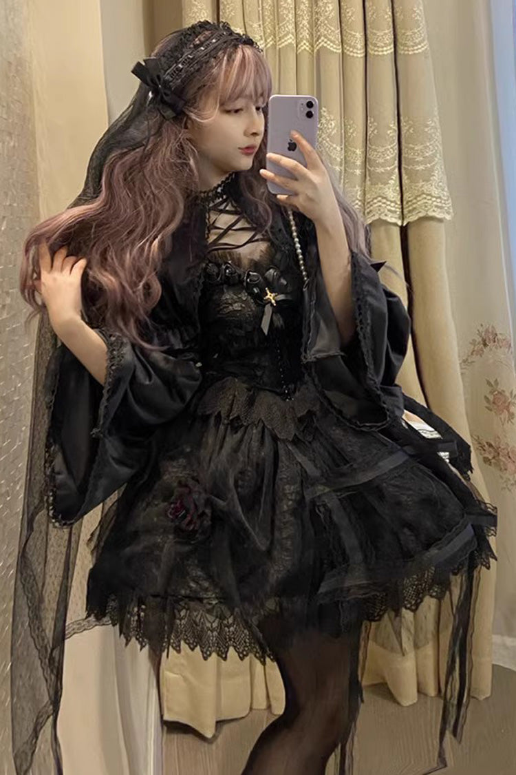 Black [Rose Cage] Ruffle Bowknot Lace Mesh Gothic Elegant Lolita Jsk Dress - Product - 2