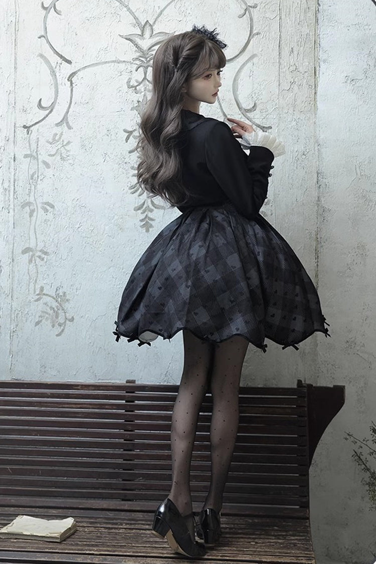 Black [Swan] Short Sleeves Plaid Print Sweet Elegant Princess Lolita Dress Short Version - Product - 9