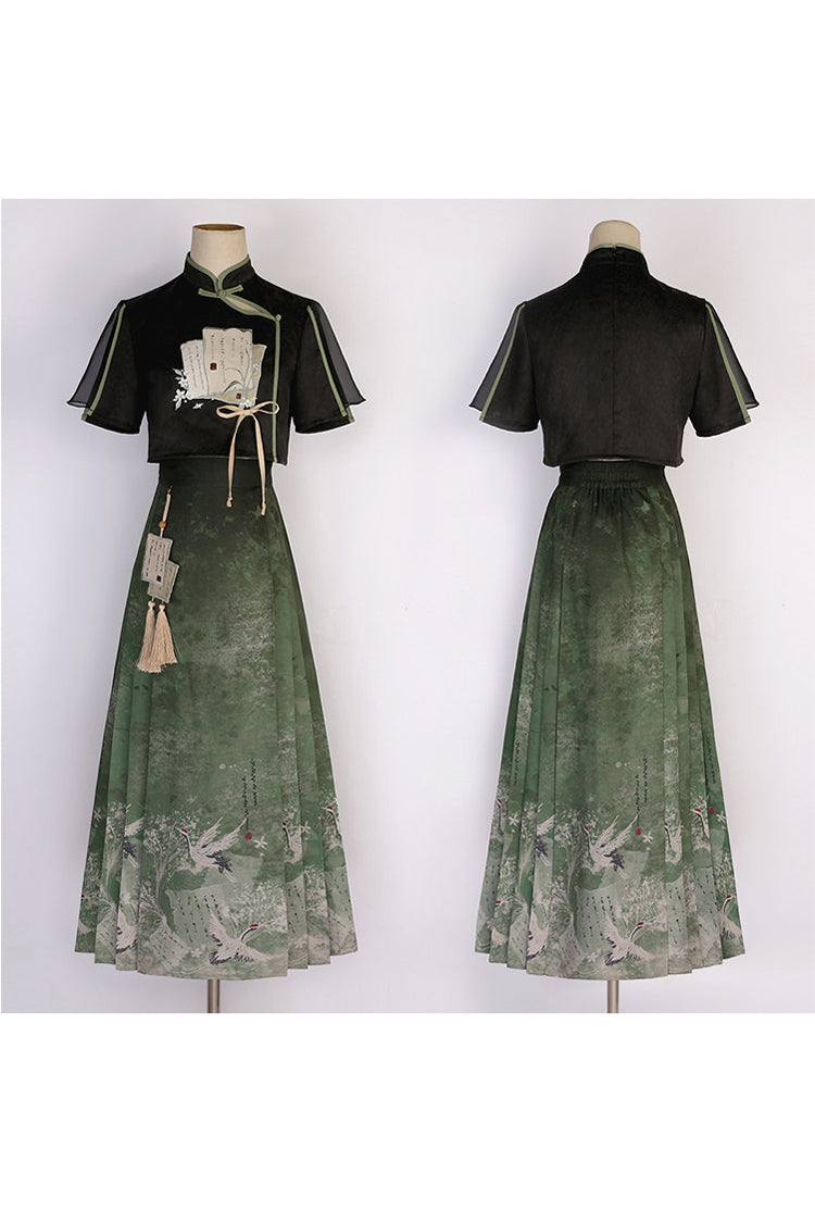Black/Green [Materia Medica] Stand Collar Short Sleeves High Waisted Printed Women's Classic Hanfu Dress Set - Product - 4