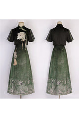 Black/Green [Materia Medica] Stand Collar Short Sleeves High Waisted Printed Women's Classic Hanfu Dress Set - Product - 4