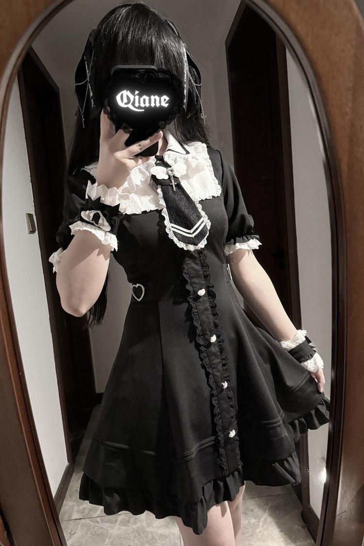 Black [Angel Creed] Short Sleeves Ruffle Bowknot Stitching Lace Gothic Plus Size Japanese College Style Jirai Kei Dress - Product - 3