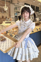 Light Blue Cotton Sleeveless Triple-Layered Printed Ruffled Bow Sweet Lolita Strap Dress - Product - 8