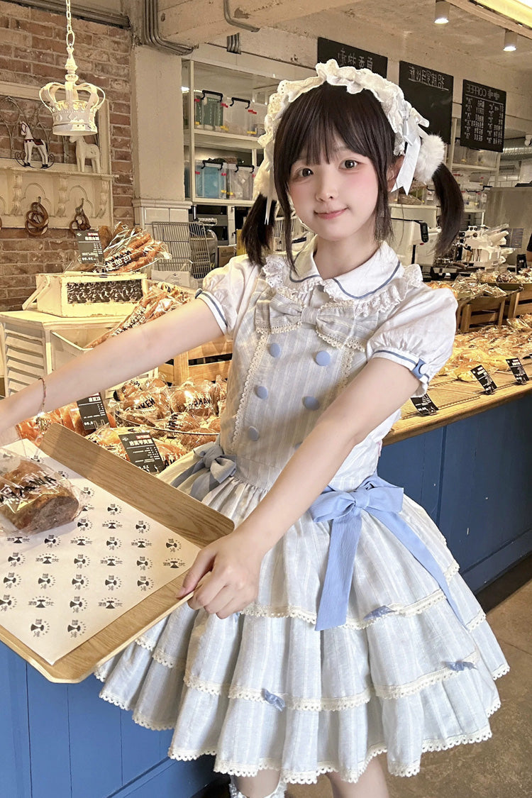 Light Blue Cotton Sleeveless Triple-Layered Printed Ruffled Bow Sweet Lolita Strap Dress - Product - 8