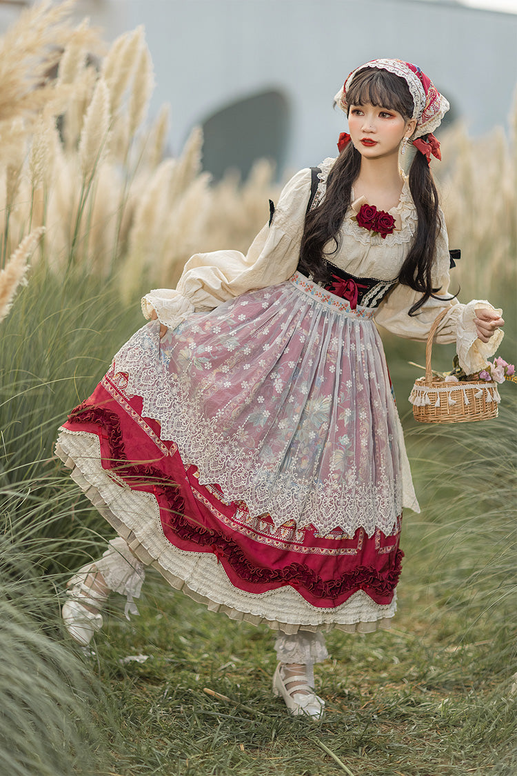 Wine Red [Ode to Plenty] Berries and Birds Print Ruffle Bowknot Velvet Classic Lolita Breast Support Jsk Dress - Product - 6