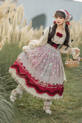 Wine Red [Ode to Plenty] Berries and Birds Print Ruffle Bowknot Velvet Classic Lolita Breast Support Jsk Dress - Product - 6