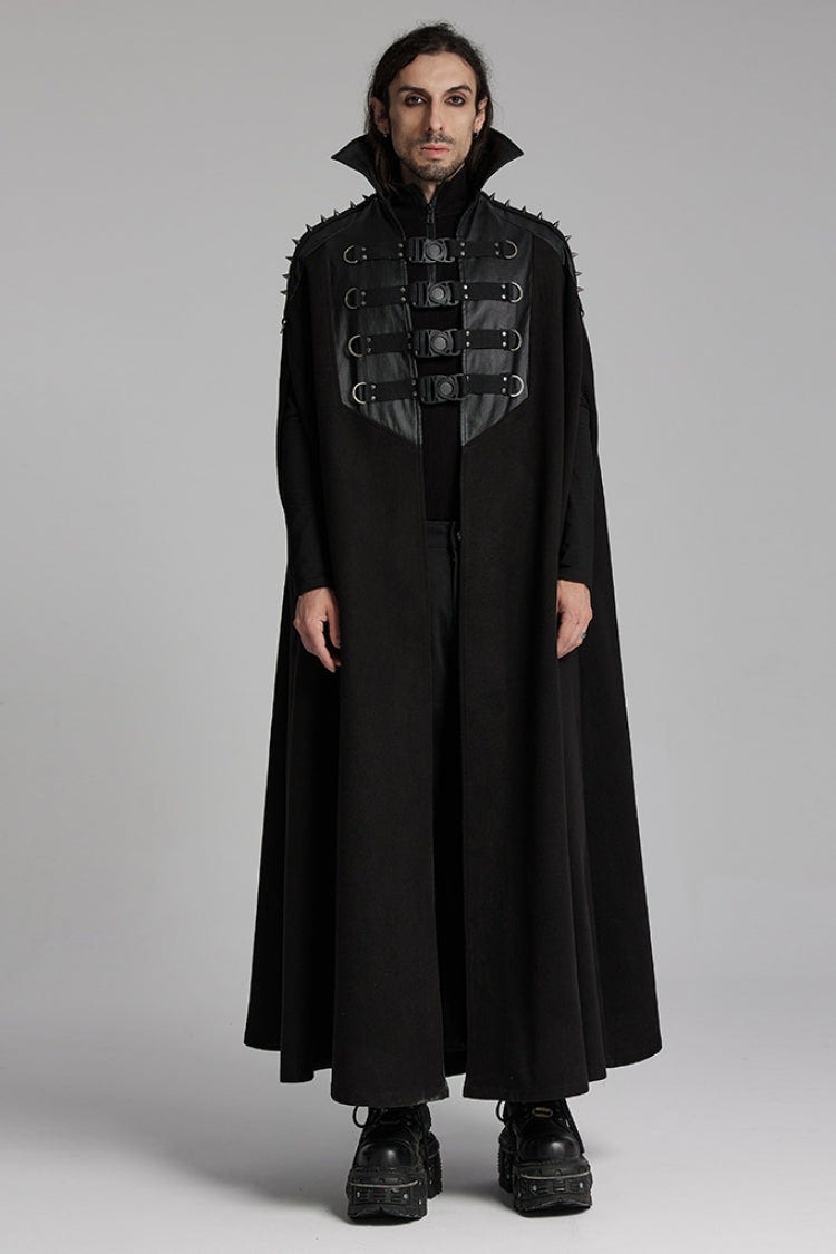 Black High Collar Faux Leather Stitching Mesh Rivet Buckle Women's Punk Cloak - Black - 1