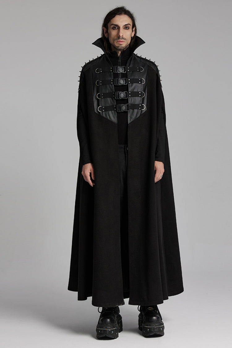 Black High Collar Faux Leather Stitching Mesh Rivet Buckle Women's Punk Cloak - Black - 1