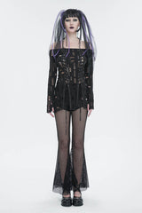 Black Elastic Ripped One Shoulder Rope Style Halter Neck Long Sleeves Women's Gothic T-Shirt - Product - 3