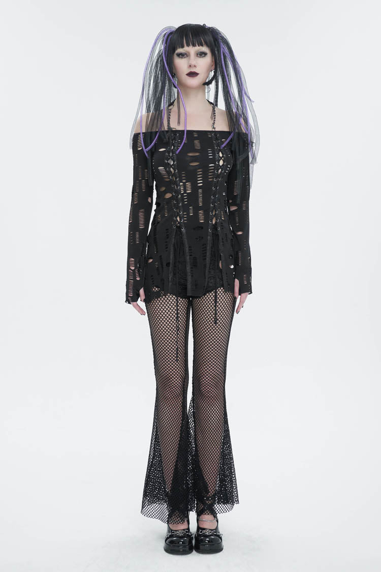 Black Elastic Ripped One Shoulder Rope Style Halter Neck Long Sleeves Women's Gothic T-Shirt - Product - 3