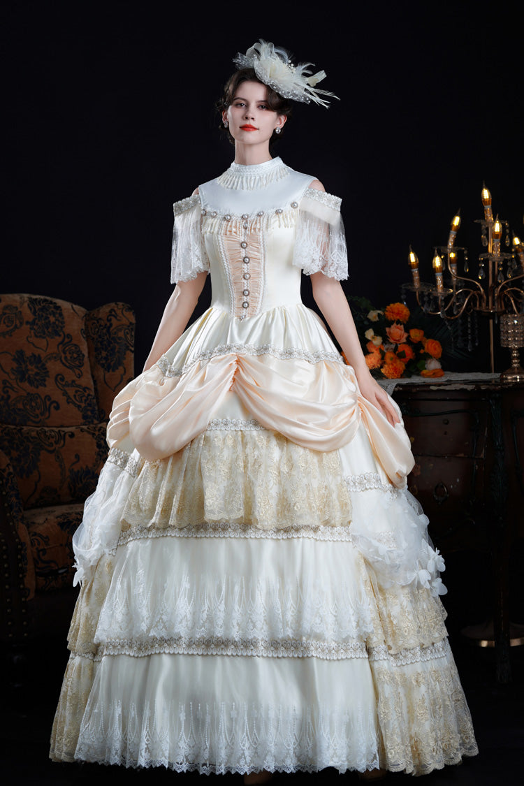 Champagne Stand Collar Multi-Layered Ruffled Lace Classic Vintage Palace Victorian Lolita Dress - Champagne - 1