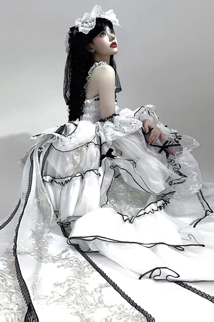 White [Cascade Poem] Sleeveless Multi-Layered Ruffle Hanayome Bowknot Lace Gothic Plus Size Gorgeous Lolita Jsk Long Dress - Product - 6