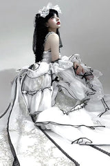 White [Cascade Poem] Sleeveless Multi-Layered Ruffle Hanayome Bowknot Lace Gothic Plus Size Gorgeous Lolita Jsk Long Dress - Product - 6