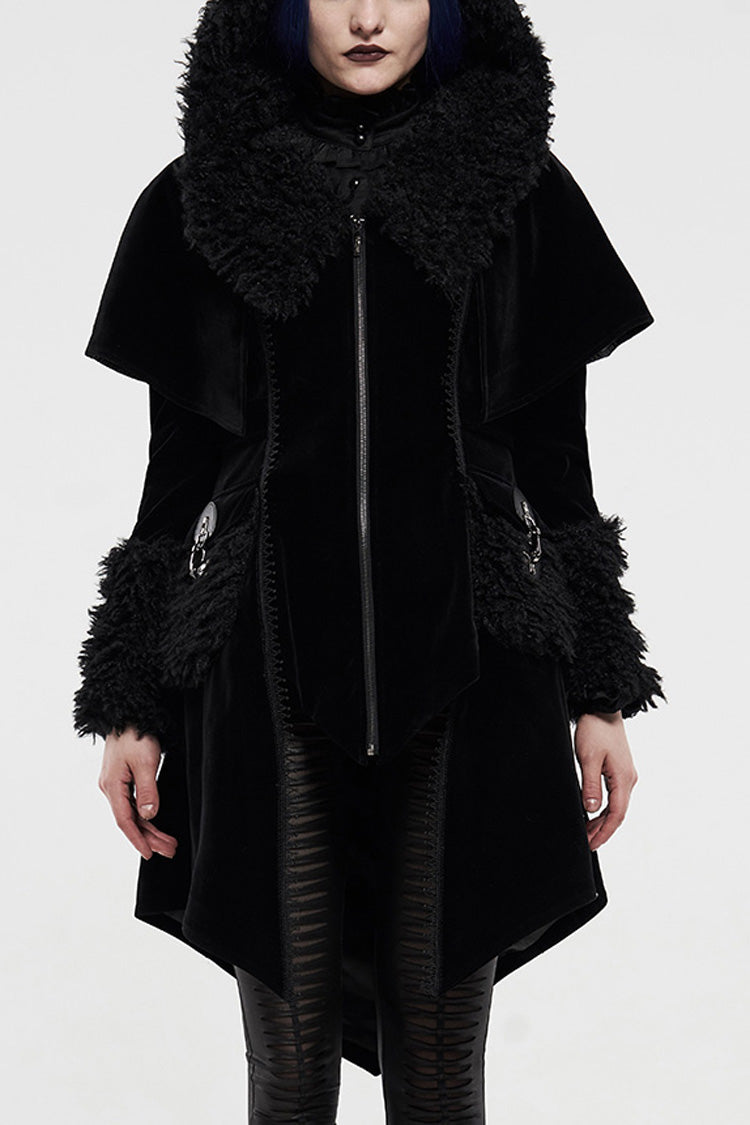 Black Long Sleeves Metal Buckle Hooded Womens Gothic Cloak Coat - Black - 1