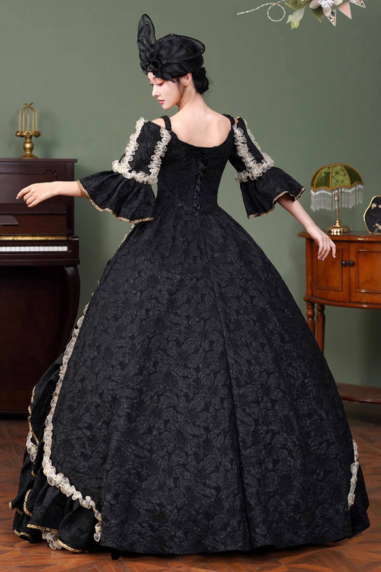 Black Square Collar Half Trumpet Sleeves Ruffled Open-Front Lace Gothic Vintage Palace Lolita Victorian Dress - Product - 4