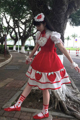 [Miss Peculiar Strawberry] Stand Collar Sleeveless Printed Bow Sweet Lolita Dress 2 Colors (Red, Blue/Black) - Product - 13
