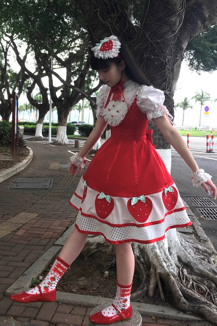 [Miss Peculiar Strawberry] Stand Collar Sleeveless Printed Bow Sweet Lolita Dress 2 Colors (Red, Blue/Black) - Product - 13