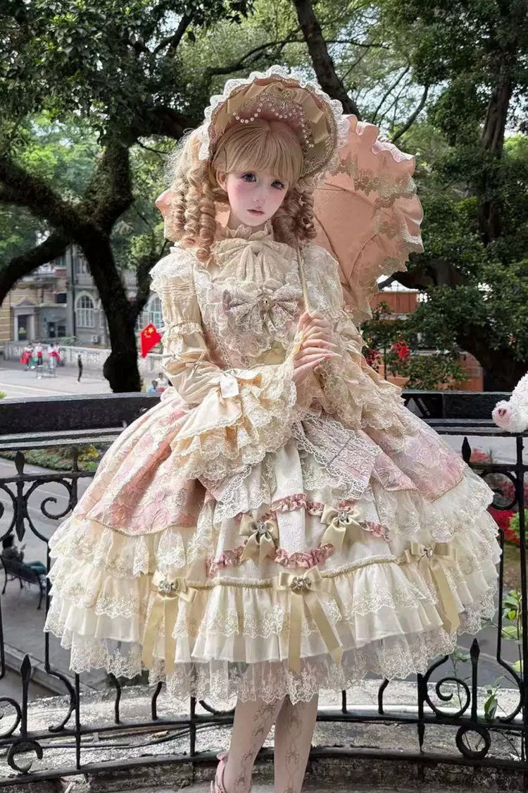 Pink [Gilded Waltz] Square Collar Sleeveless Printed Ruffled Embroidered Bow Lace Gorgeous Sweet Lolita Jsk Dress - Pink - 1