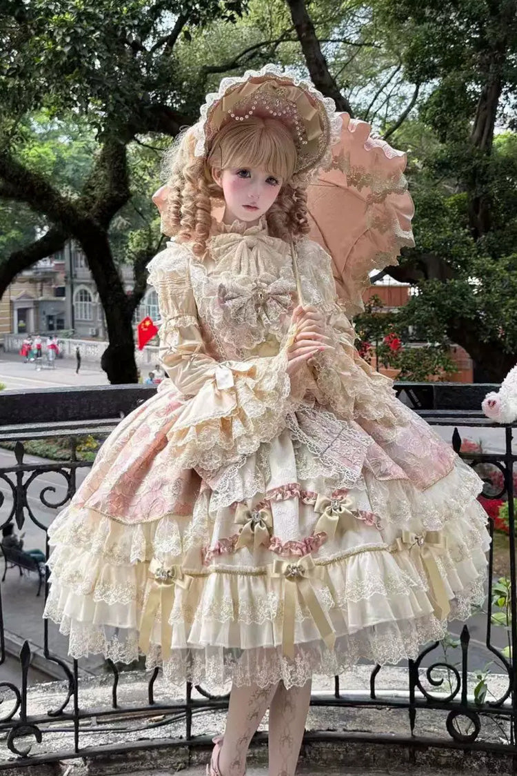Pink [Gilded Waltz] Square Collar Sleeveless Printed Ruffled Embroidered Bow Lace Gorgeous Sweet Lolita Jsk Dress - Pink - 1