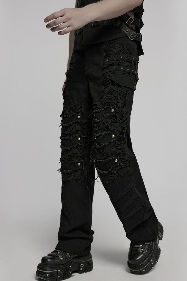 Black Ripped Men's Punk Straight Pants - Product - 2