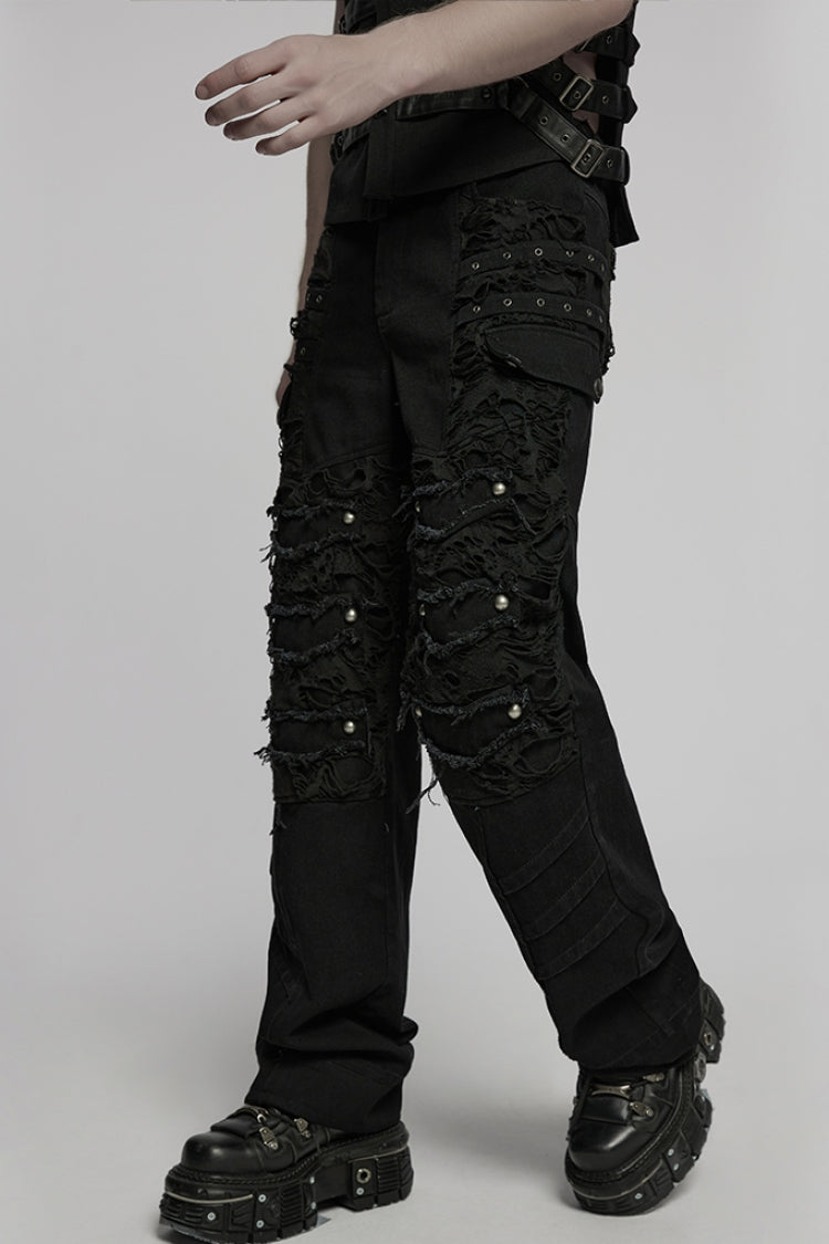 Black Ripped Men's Punk Straight Pants - Product - 2