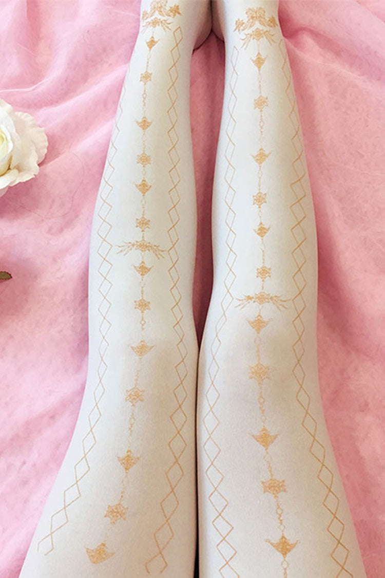 White Velvet Hot Stamping Printing Classic Lolita Pantyhose - White - 1