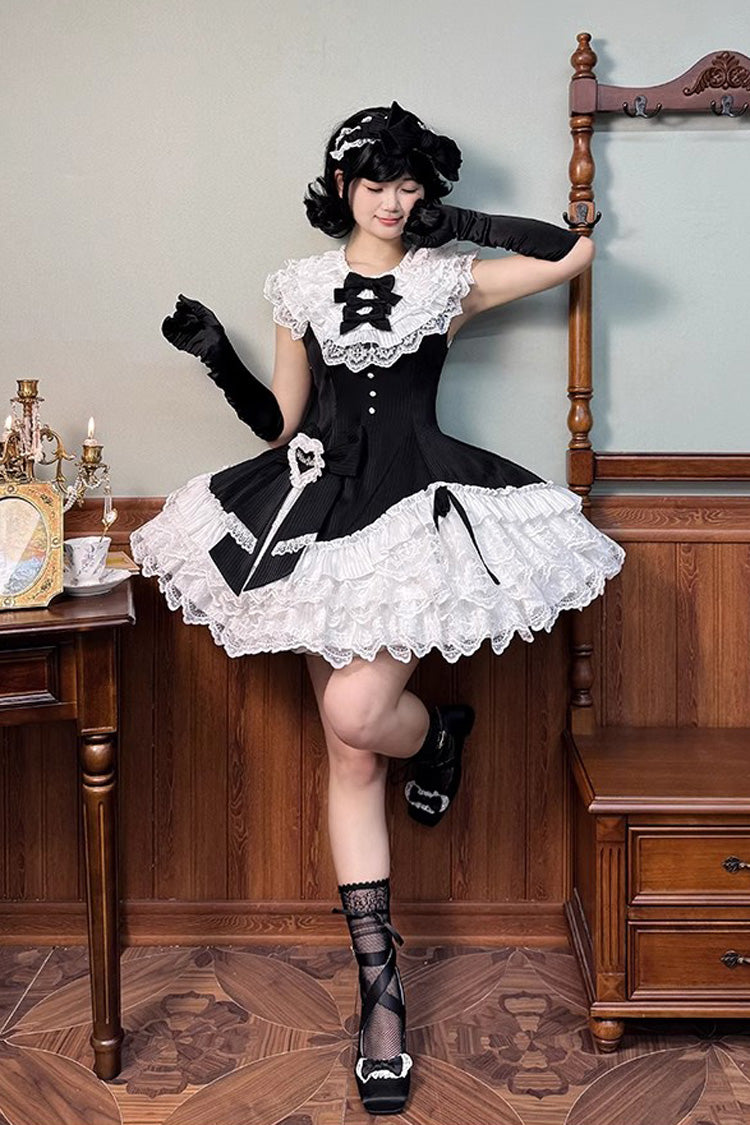Black/White [Miss Tsundere] Sleeveless Multi-Layered Ruffle Bowknot Lace Asymmetric Sweet Princess Lolita Dress - Product - 5