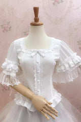 White Square Collar Short Hime Sleeves Lace Sweet Lolita Blouse - Product - 2
