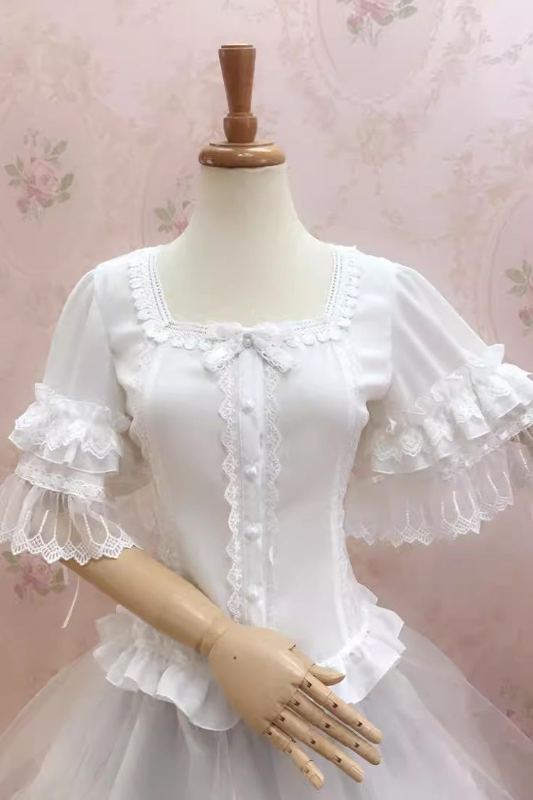 White Square Collar Short Hime Sleeves Lace Sweet Lolita Blouse - Product - 2