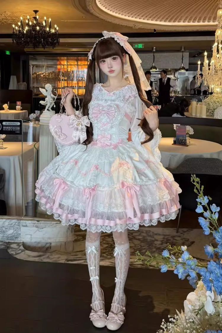 Pink/White Scarlet Heart Cocoa Sleeveless Triple-Layered Ruffle Embroidery Bowknot Lace Sweet (Dress Only) detail view 6