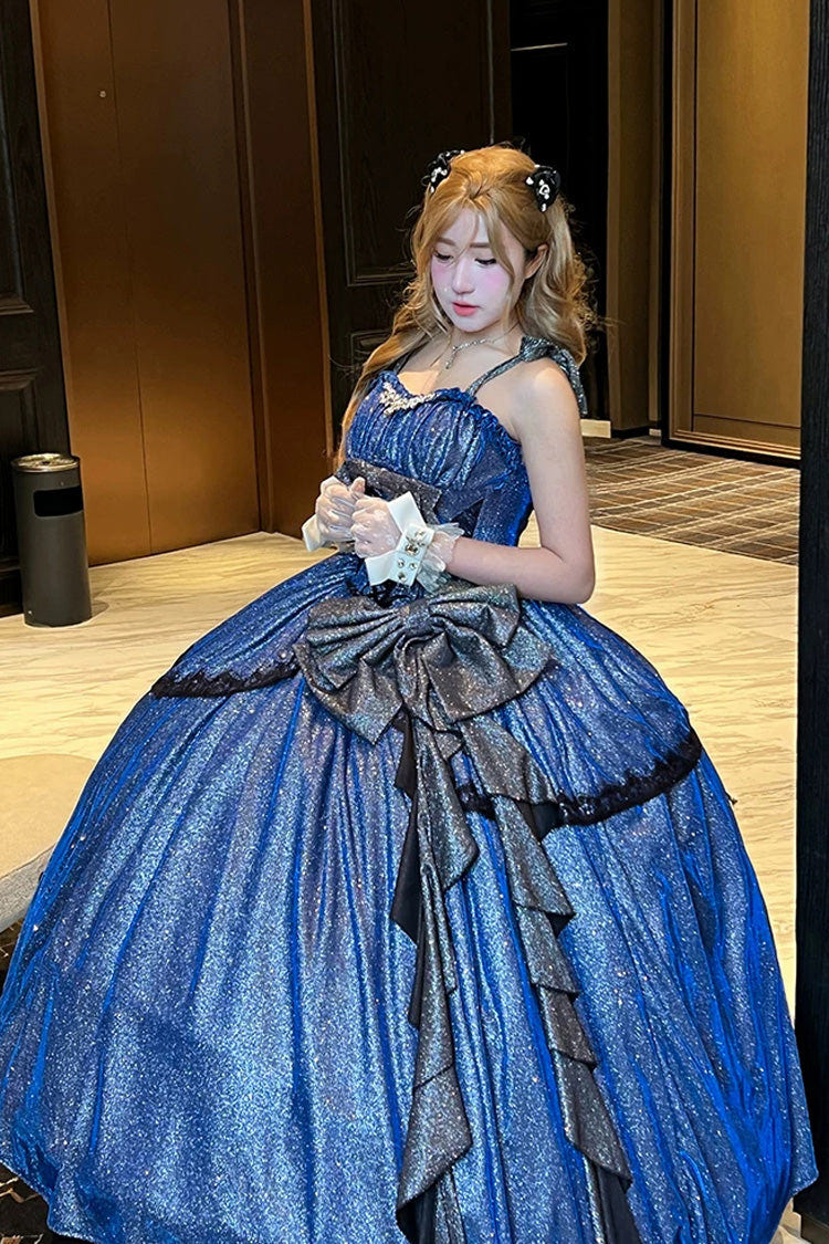 Blue [Galaxy of Fallen Tears] Sleeveless Glitter Series Ruffled Bow Asymmetric Sweet Lolita Jsk Dress - Product - 3