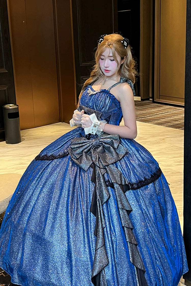 Blue [Galaxy of Fallen Tears] Sleeveless Glitter Series Ruffled Bow Asymmetric Sweet Lolita Jsk Dress - Product - 3