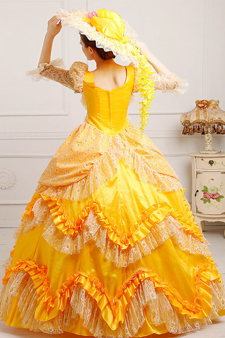 Yellow High Waisted Ruffled Multi-Layer Lace Stitching Victorian Lolita Prom Dress - Product - 3
