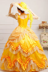 Yellow High Waisted Ruffled Multi-Layer Lace Stitching Victorian Lolita Prom Dress - Product - 3