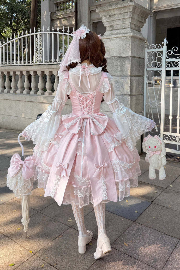 Pink [Sweetheart] Sleeveless Multi-Layered Embroidered Bow Lace Lace-Up Sweet Lolita Jsk Dress - Product - 5