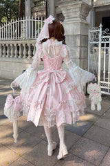 Pink [Sweetheart] Sleeveless Multi-Layered Embroidered Bow Lace Lace-Up Sweet Lolita Jsk Dress - Product - 5